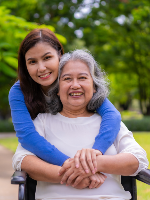 Daughter hugging mother in wheelchair